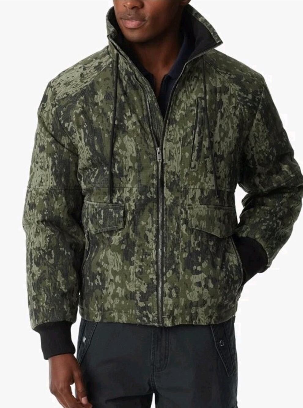 Men’s Bomber Jacket Camo Print Zip Front Sz L New Pockets Camping Hunting Biker